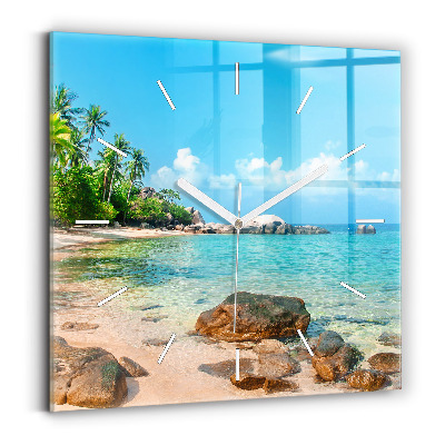 Square glass wall clock Beautiful beach in Thailand
