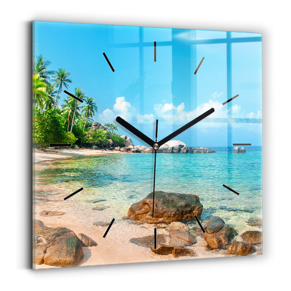 Square glass wall clock Beautiful beach in Thailand