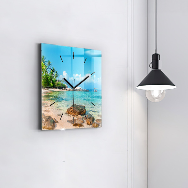 Square glass wall clock Beautiful beach in Thailand