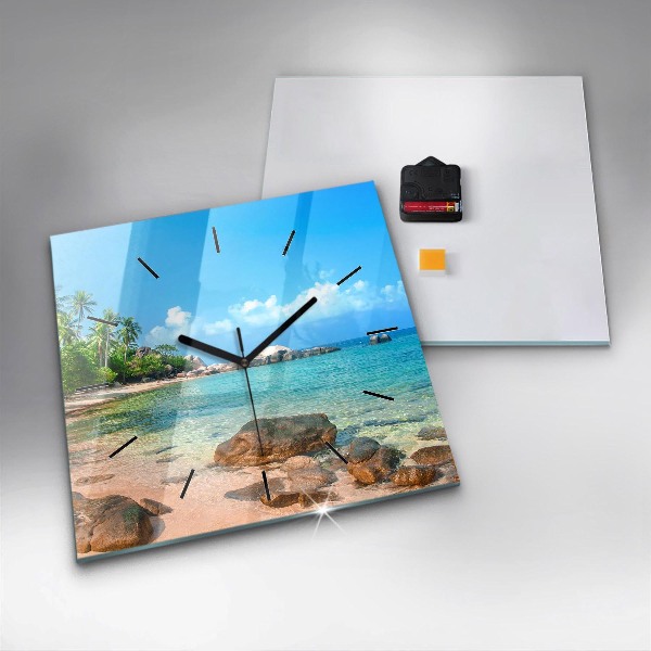 Square glass wall clock Beautiful beach in Thailand
