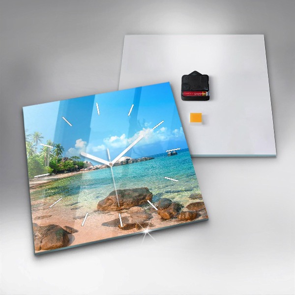 Square glass wall clock Beautiful beach in Thailand