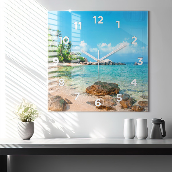 Square glass wall clock Beautiful beach in Thailand
