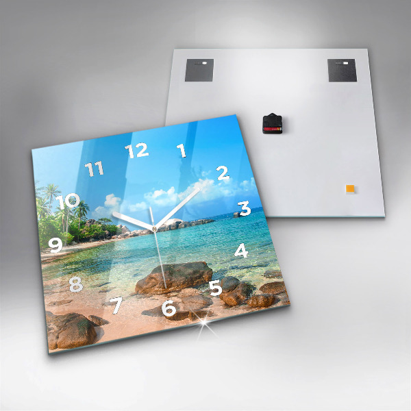 Square glass wall clock Beautiful beach in Thailand