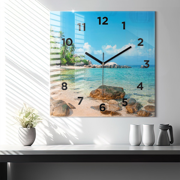 Square glass wall clock Beautiful beach in Thailand