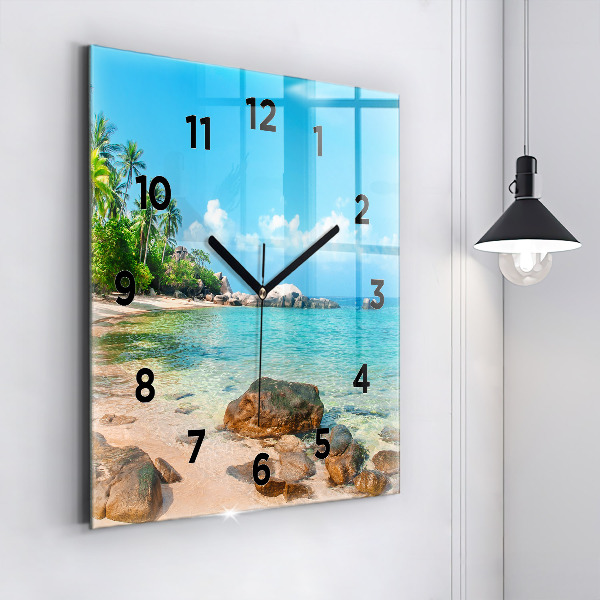 Square glass wall clock Beautiful beach in Thailand