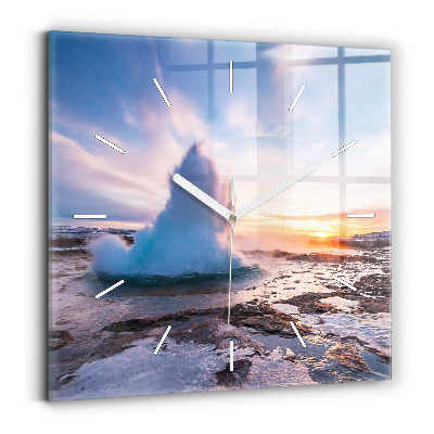 Square glass wall clock Geyser on the island of Iceland