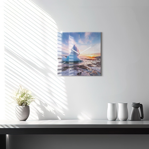 Square glass wall clock Geyser on the island of Iceland