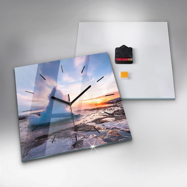 Square glass wall clock Geyser on the island of Iceland