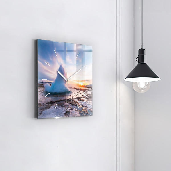 Square glass wall clock Geyser on the island of Iceland