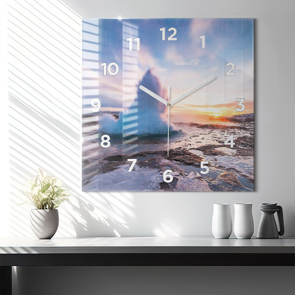 Square glass wall clock Geyser on the island of Iceland