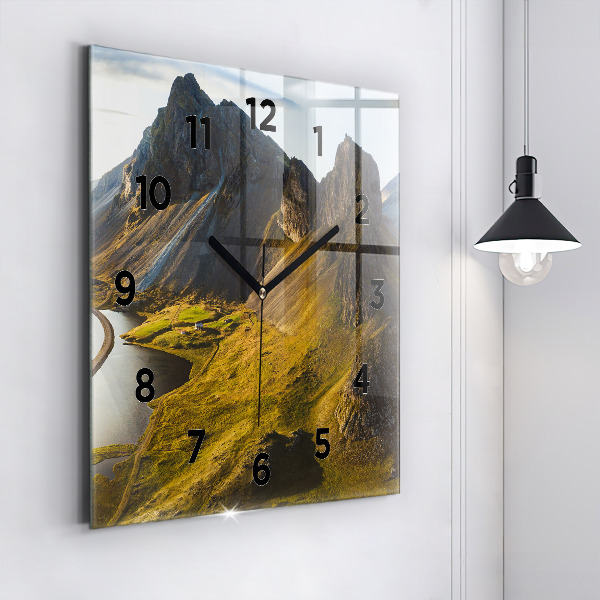 Square glass wall clock Road in Iceland