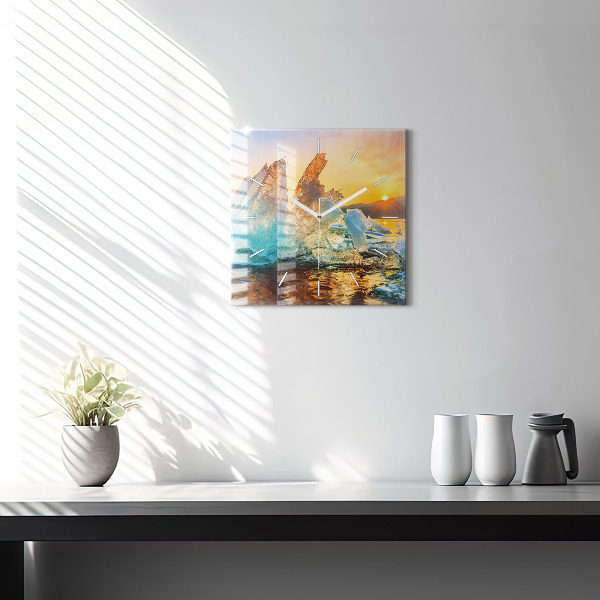 Square glass wall clock Iceberg and sunrise
