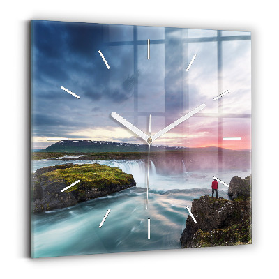 Square glass wall clock Landscape with a waterfall