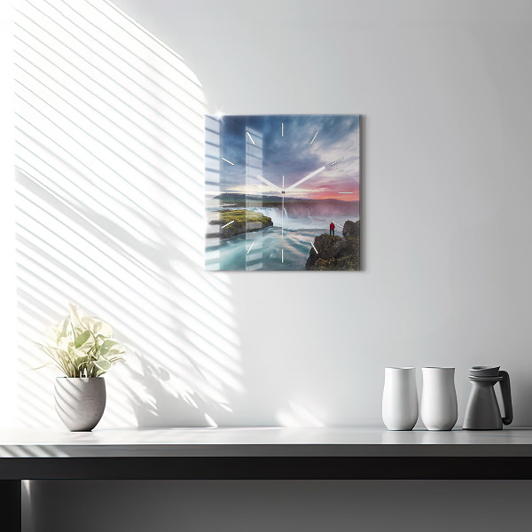 Square glass wall clock Landscape with a waterfall