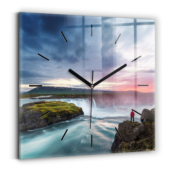 Square glass wall clock Landscape with a waterfall