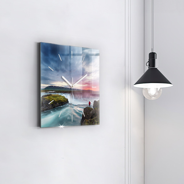 Square glass wall clock Landscape with a waterfall
