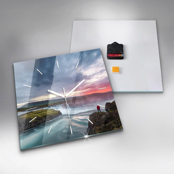 Square glass wall clock Landscape with a waterfall
