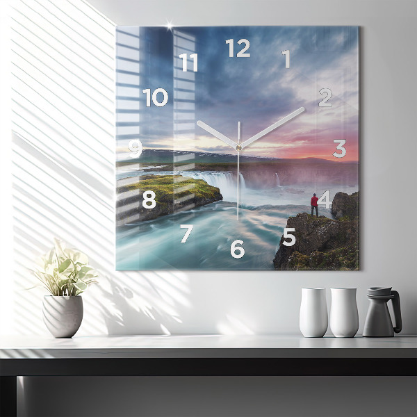Square glass wall clock Landscape with a waterfall