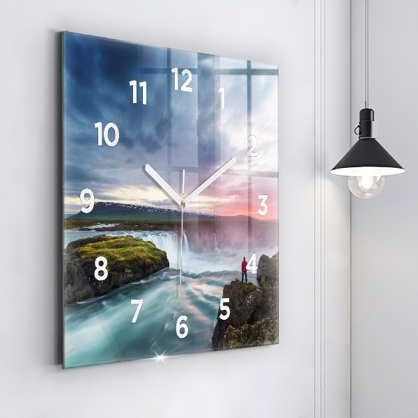 Square glass wall clock Landscape with a waterfall