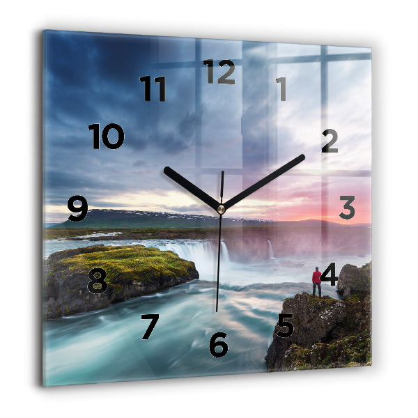 Square glass wall clock Landscape with a waterfall