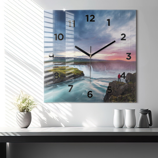Square glass wall clock Landscape with a waterfall