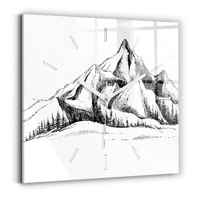 Square glass wall clock Drawn mountains