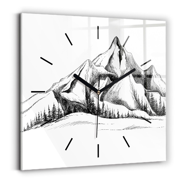 Square glass wall clock Drawn mountains