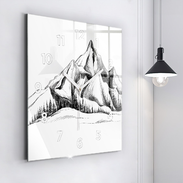 Square glass wall clock Drawn mountains