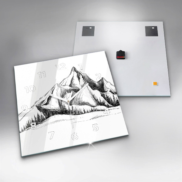 Square glass wall clock Drawn mountains