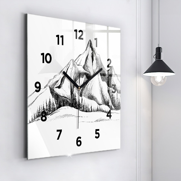 Square glass wall clock Drawn mountains