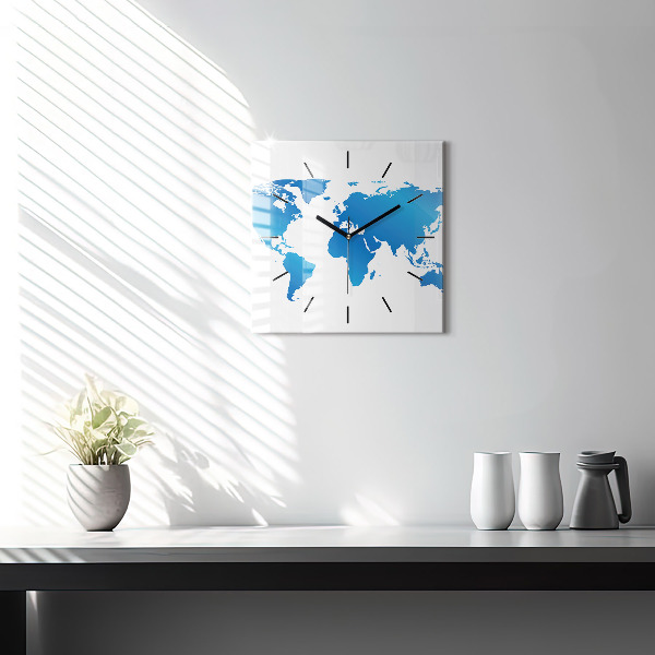 Square glass wall clock World map