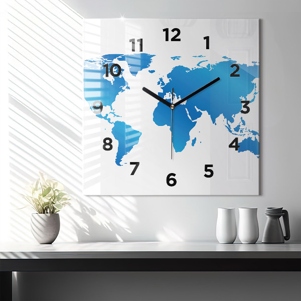 Square glass wall clock World map