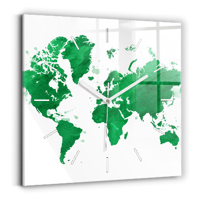 Square glass wall clock Green world map