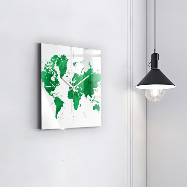 Square glass wall clock Green world map