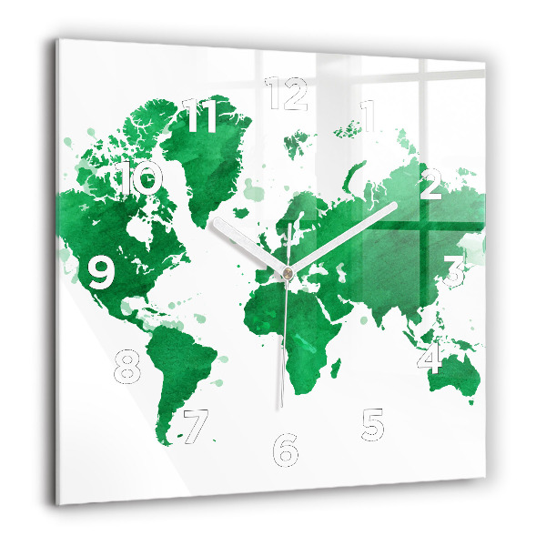 Square glass wall clock Green world map