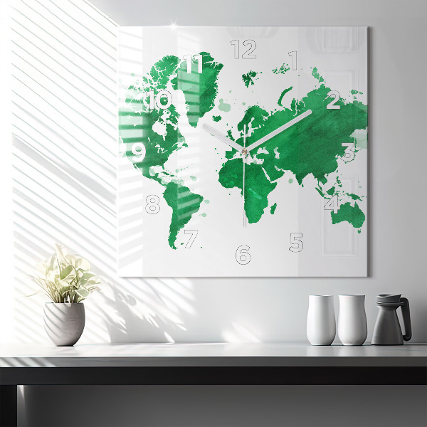 Square glass wall clock Green world map