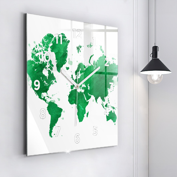 Square glass wall clock Green world map