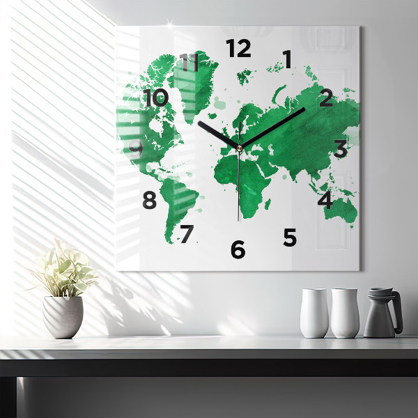 Square glass wall clock Green world map