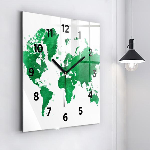 Square glass wall clock Green world map