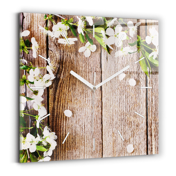 Square glass wall clock Flowers on wood