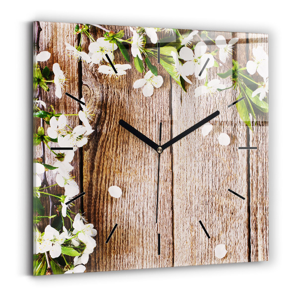 Square glass wall clock Flowers on wood