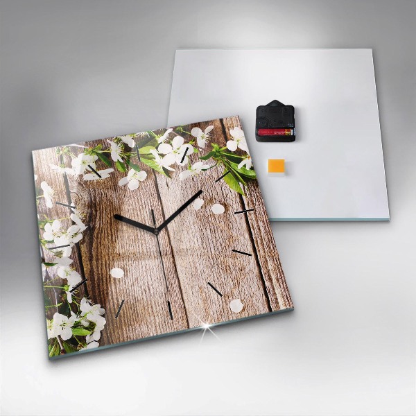 Square glass wall clock Flowers on wood