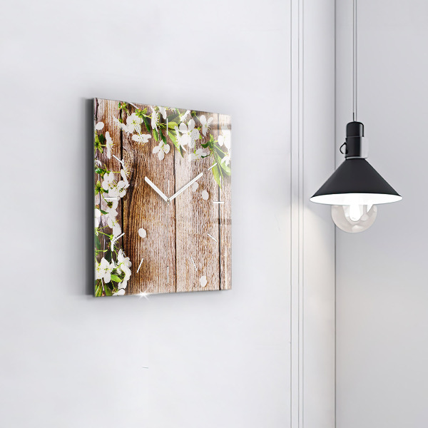 Square glass wall clock Flowers on wood