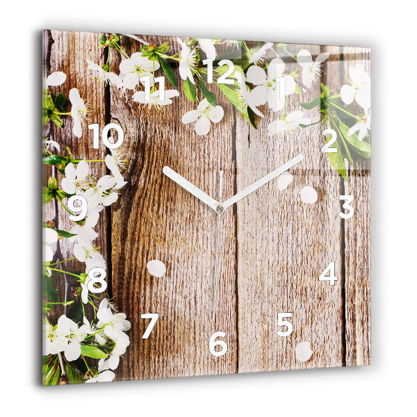 Square glass wall clock Flowers on wood