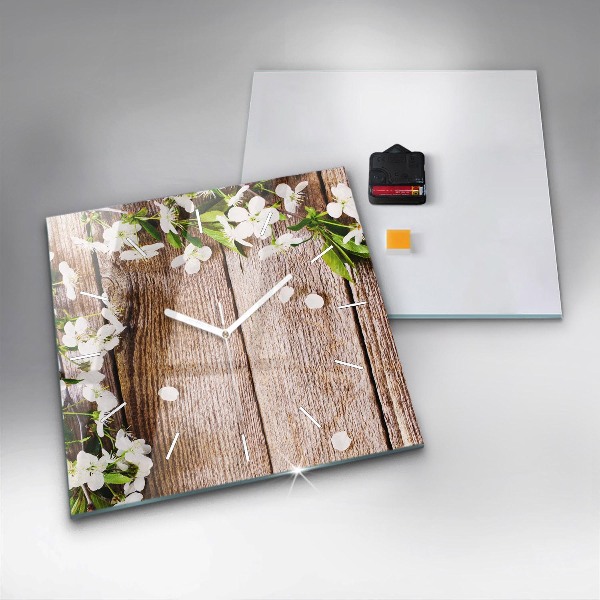 Square glass wall clock Flowers on wood