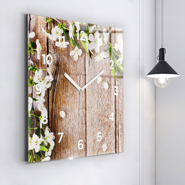 Square glass wall clock Flowers on wood