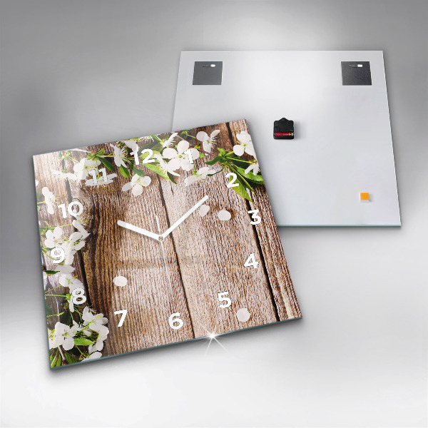 Square glass wall clock Flowers on wood