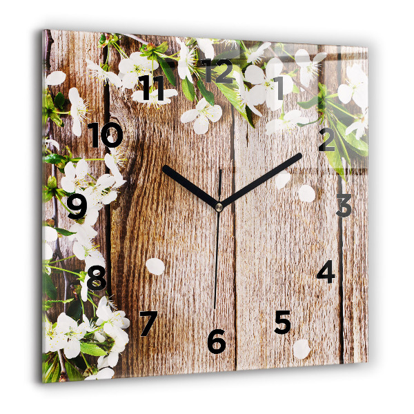 Square glass wall clock Flowers on wood