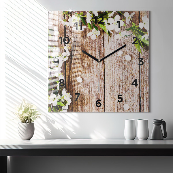 Square glass wall clock Flowers on wood