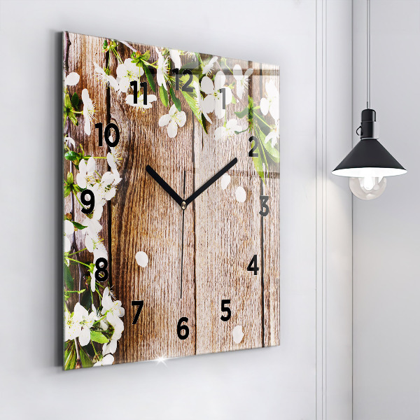 Square glass wall clock Flowers on wood